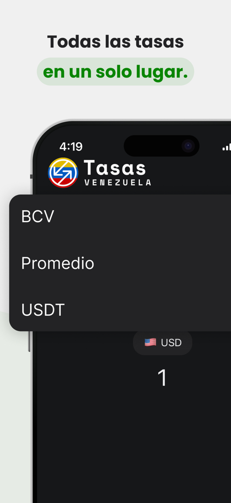 Tasas Venezuela mobile app showing exchange rates for BCV Promedio and USDT