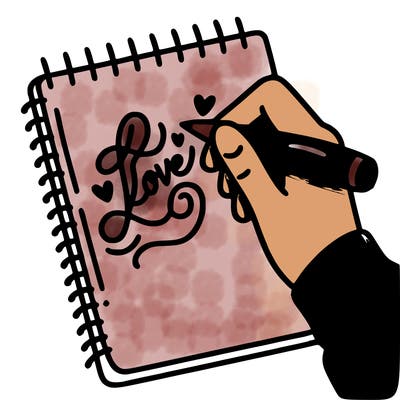 a hand writing “love” in calligraphy on a notebook