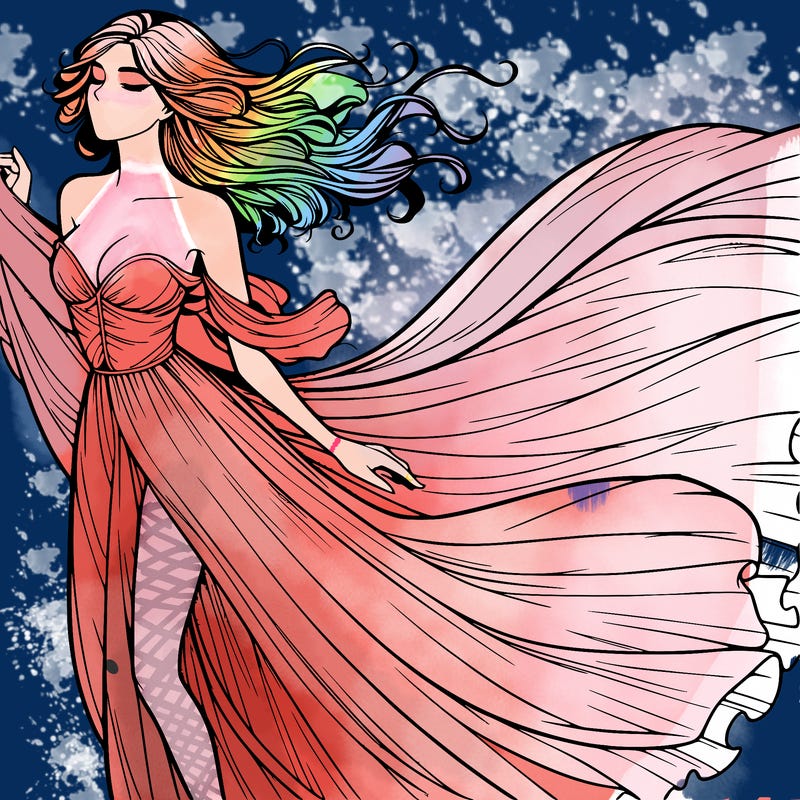 realistic woman in dress flowing the the wind