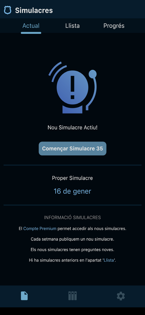 Una captura de pantalla de la aplicación Academia Mossos que muestra la pantalla de examen de simulación activo con un botón para iniciar la simulación.
