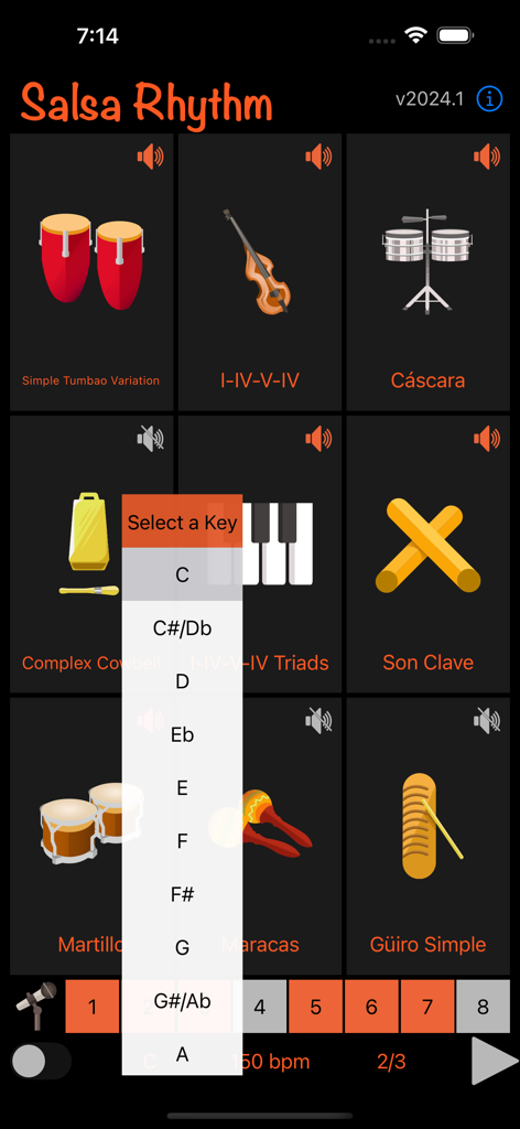 Salsa Rhythm - Salsa Rhythm app interface showing various latin percussion instruments and a musical key selection menu