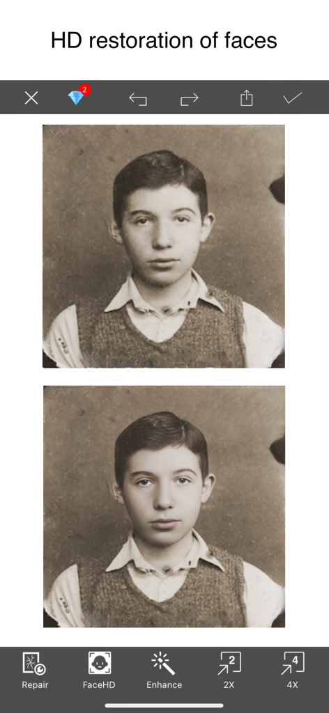 Photo HD Recovery: Restore - 古いぼやけた写真のHD顔復元を示す比較（復元前と復元後）