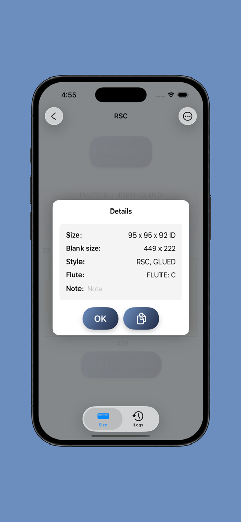 BoxMaster - BoxMaster app screen displaying detailed specifications for an RSC style corrugated box calculation