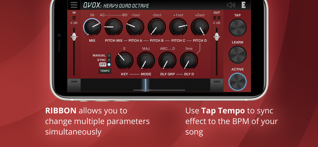 QVox mobile app interface showing pitch shifting knobs and ribbon controller features