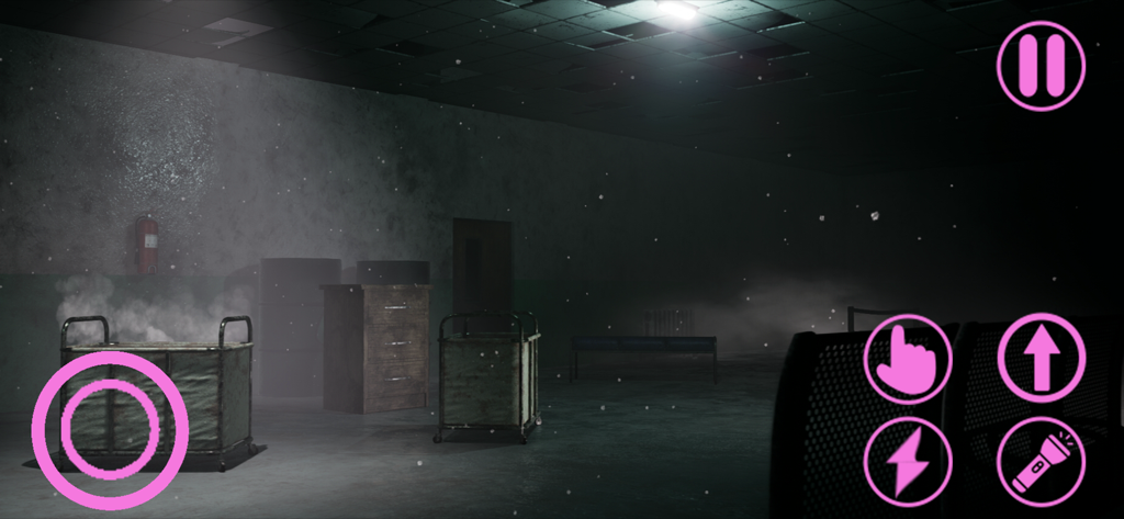 Gameplay scene from Garten of Banban 8 featuring a dark room with laundry carts and pink on screen controls