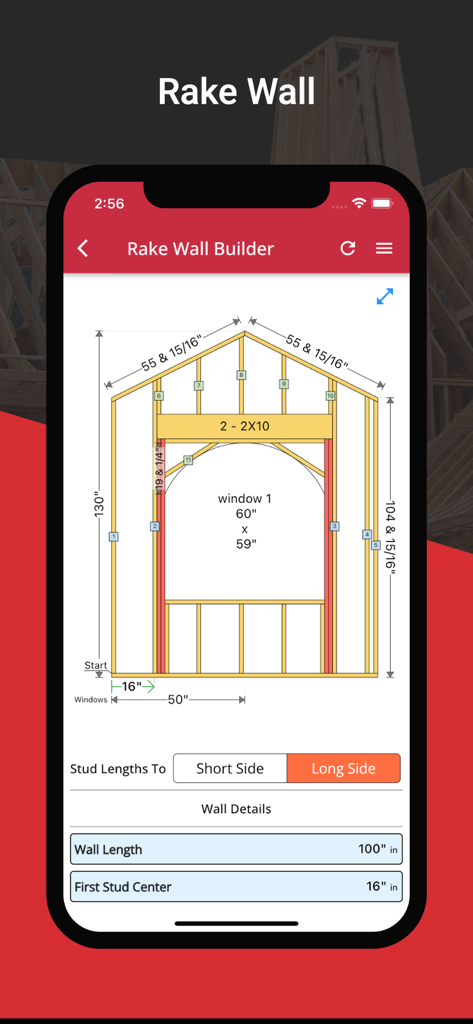 Schermata dell'app mobile che mostra uno schema di costruzione di muro inclinato con misurazioni dei montanti e posizionamento delle finestre