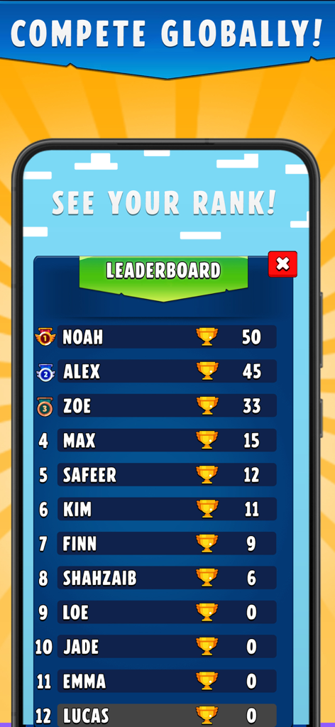 Chicken Scream Challenge Go Up - Global leaderboard screen in Chicken Scream Challenge Go Up showing player rankings and scores with trophies
