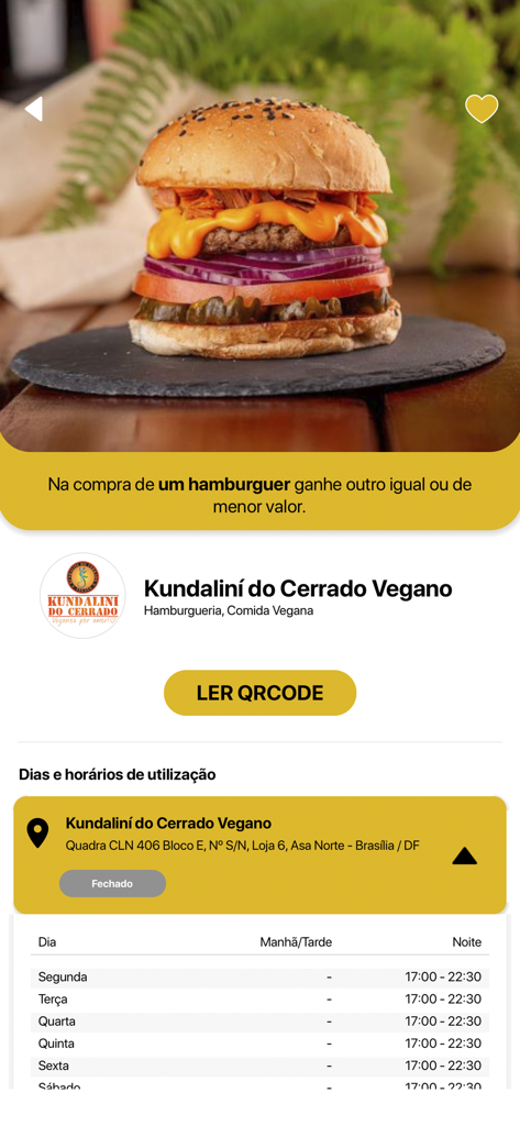 Brasília em Dobro - Tela do aplicativo móvel mostrando uma oferta de compre um, leve outro hambúrguer vegano no Kundalini do Cerrado Vegano