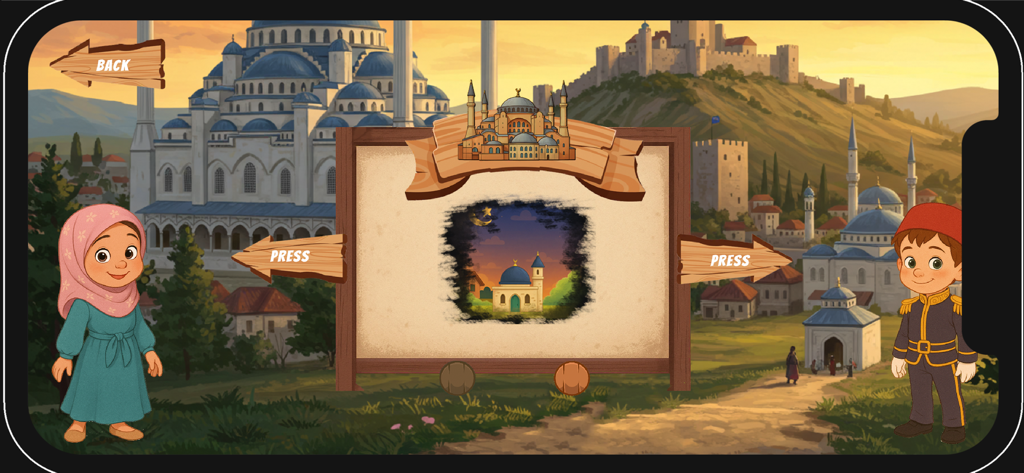 Build Your Mosque - Main menu of Build Your Mosque app showing a girl and boy character next to a mosque design selection board