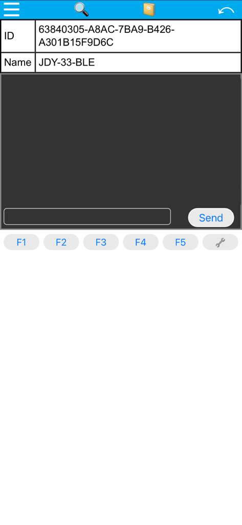 BLE tools with terminal - Interfaz del modo terminal de la aplicación de herramientas BLE que muestra el ID del dispositivo y las teclas de función programables