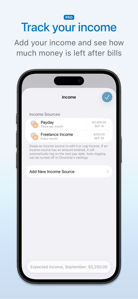 Chronicle app screenshot showing income tracking and source management feature.