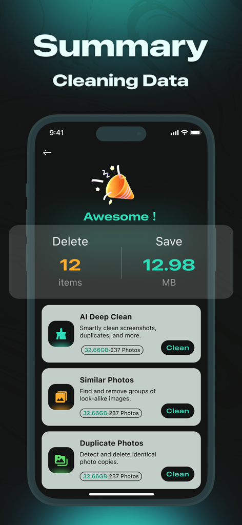 Screenshot of Clever Cleaner app showing a summary of deleted items and storage space saved with cleaning options for AI deep clean similar photos and duplicates.