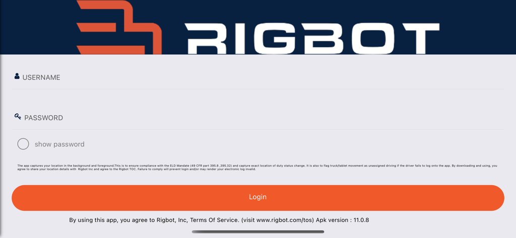 Rigbot ELD-Anmeldebildschirm mit Feldern für Benutzername und Passwort, die von LKW-Fahrern zur FMCSA-Konformität verwendet werden.