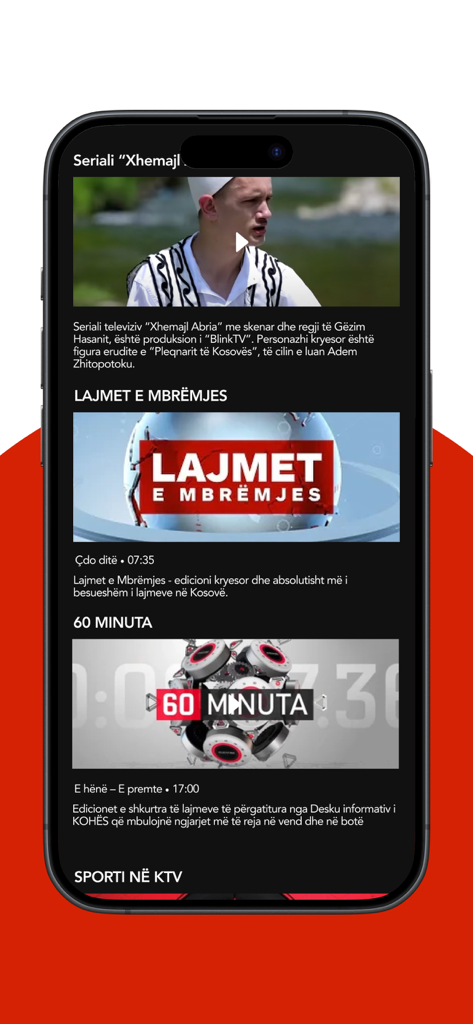 Koha - Koha mobile app screen showing Albanian news segments and video features