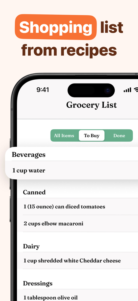 Un écran mobile montrant une liste de courses dans l'application OrganizEat avec des ingrédients organisés par catégories comme les boissons et les produits laitiers