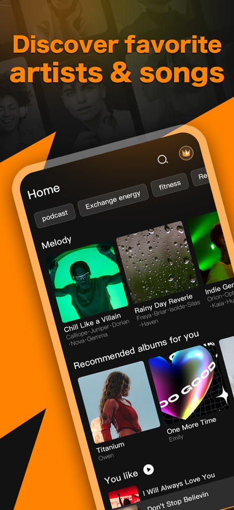 Music X app home screen featuring artist and song discovery sections