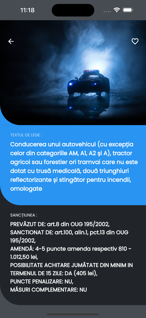 Amenzi Rutiere app screen showing a traffic violation description and fine details in Romanian