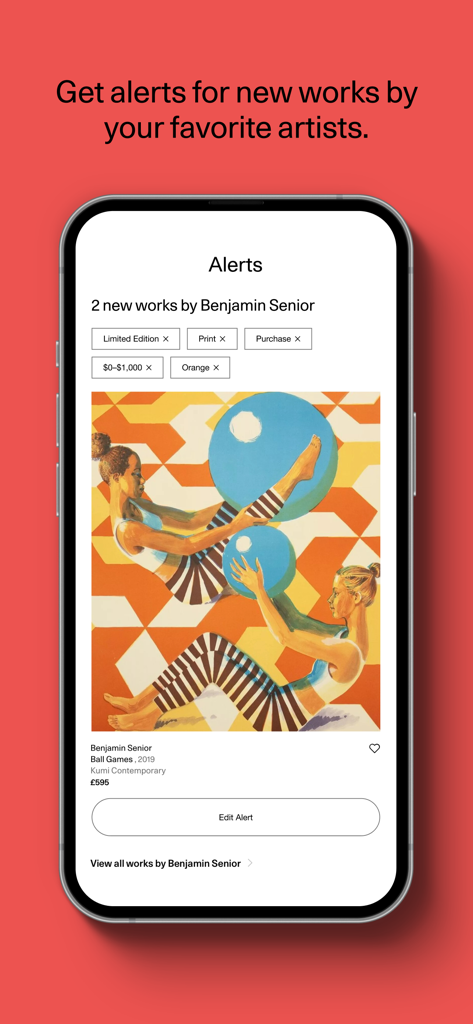 Artsy app interface displaying a new artwork alert for artist Benjamin Senior