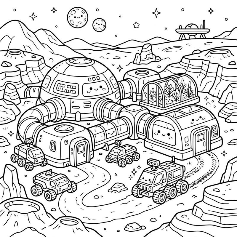 Explore a charming Kawaii Mars colony, complete with cute dome habitats, friendly rovers, and a futuristic Martian landscape. This delightful coloring page invites you to bring an adorable space settlement to life with your favorite colors.