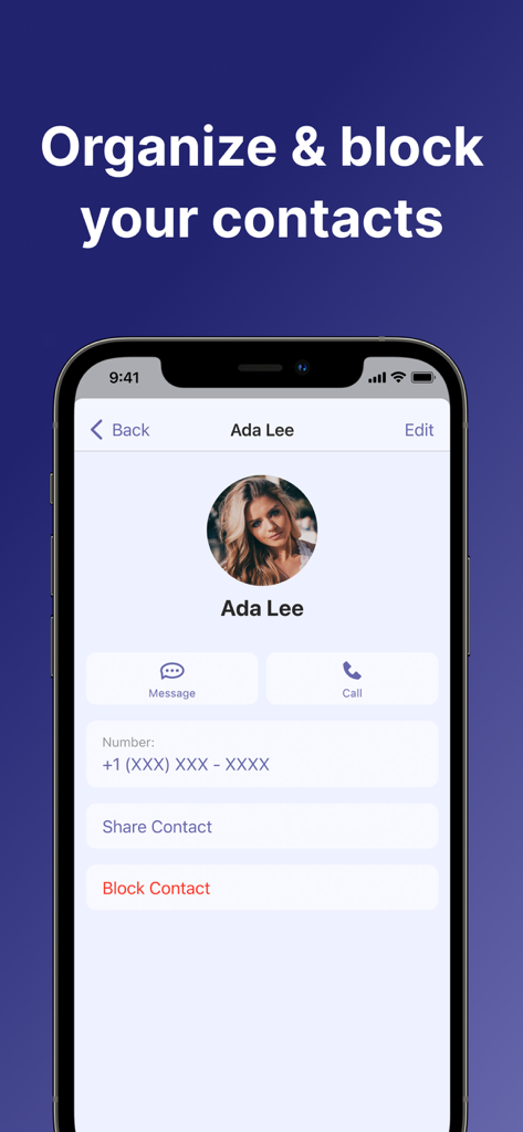 Uma tela de aplicativo móvel mostrando opções para organizar e bloquear contatos para um segundo número de telefone.