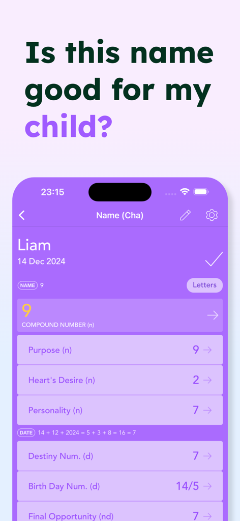 Pocket Numerology Pro - Mobile app interface showing numerological analysis for choosing a baby name