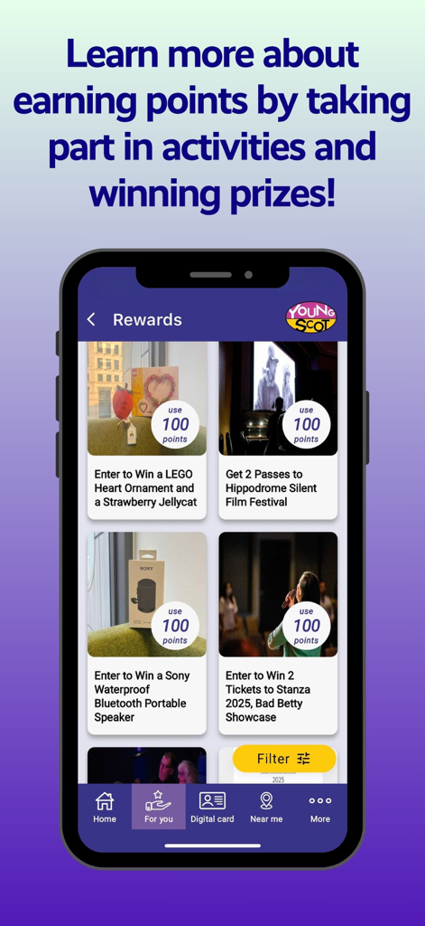 Young Scot - Mobile screen showing the rewards section of the Young Scot app with prize draw entries for points