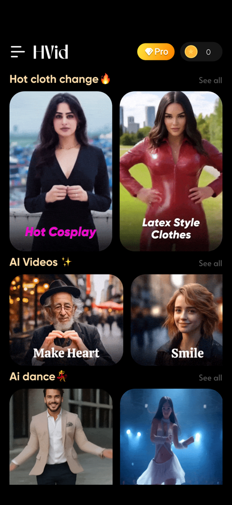 HVid : Ai Cloth Changer - Interface do aplicativo HVid AI Cloth Changer com opções de troca de roupa quente, vídeos de IA e dança de IA