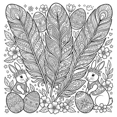 Dive into the festive spirit with this unique Easter coloring page, featuring beautifully detailed turkey feathers alongside charming bunnies and ornate Easter eggs. It's the perfect blend of natural beauty and holiday cheer, ready for your creative touch.