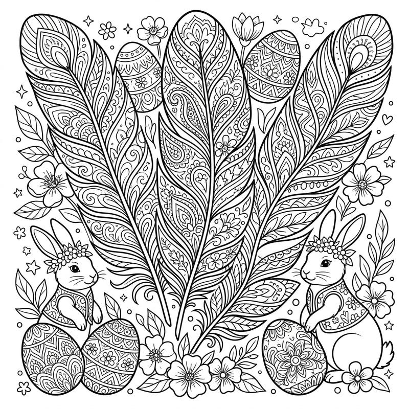 Dive into the festive spirit with this unique Easter coloring page, featuring beautifully detailed turkey feathers alongside charming bunnies and ornate Easter eggs. It's the perfect blend of natural beauty and holiday cheer, ready for your creative touch.