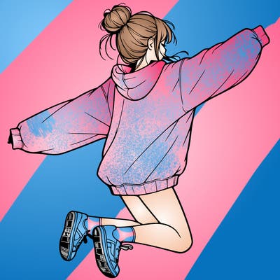 realistic girl jumping with a bun and oversized sweatshirt