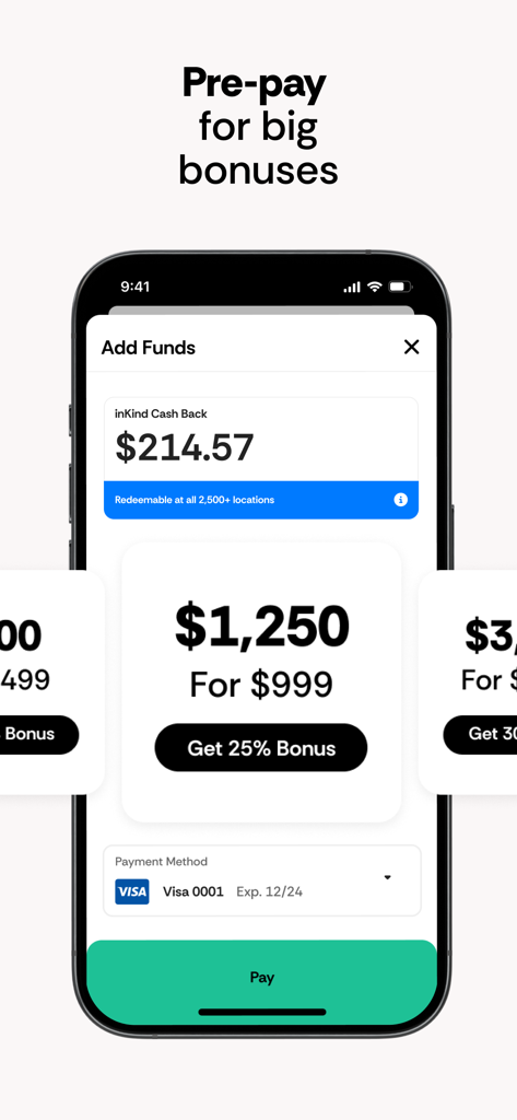 inKind - inKind mobile app screen showing the Add Funds feature with a 25 percent bonus offer for pre-paying dining credit.