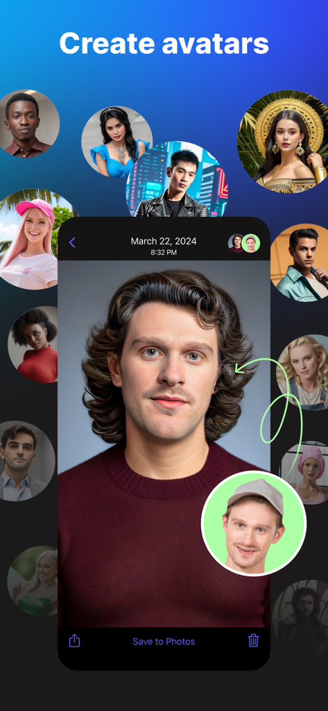 Interface do aplicativo Face Swapper mostrando o recurso de criação de avatar IA com vários retratos diversos.