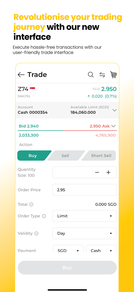 Maybank Trade SG - Maybank Trade SG mobile app interface showing a stock buy order screen for the Singapore Exchange.