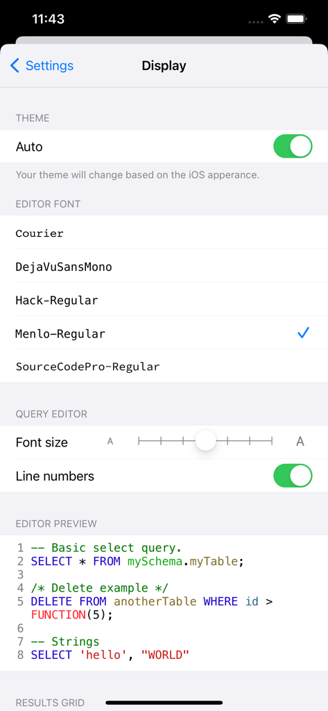 SQLite database client - Display settings menu for the SQL editor with font selection and syntax highlighting preview