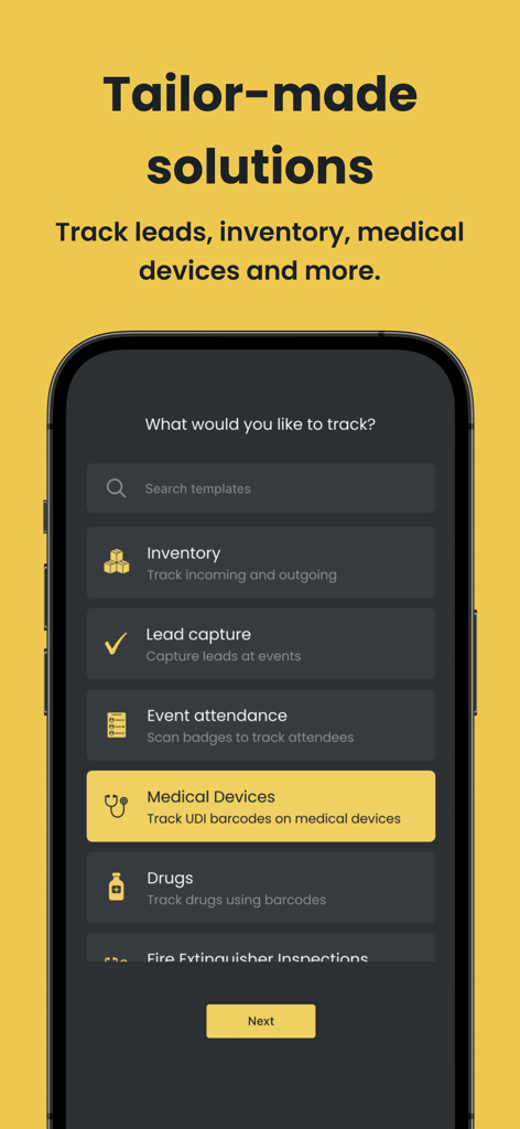 Barcode Scanner - Orca Scan - Orca Scan app interface showing customizable tracking templates for inventory, medical devices, and lead capture