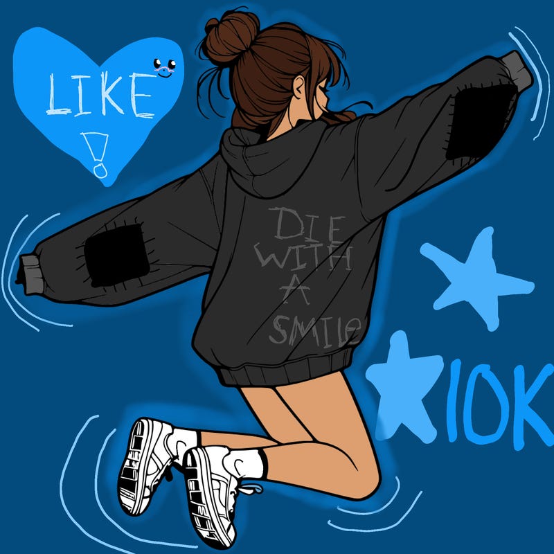 realistic girl jumping with a bun and oversized sweatshirt