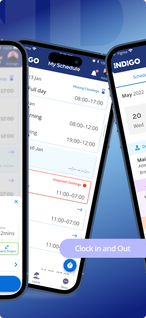 Indigo Mobile - Indigo Mobile app interface displaying employee work schedule and clock in button