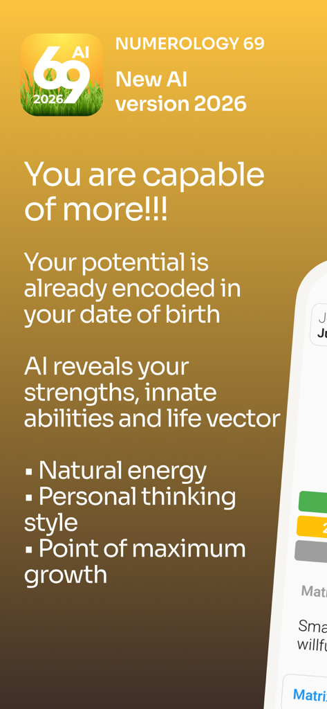 Numerology AI: Only Birthdate - Numerology 69 AI app screen showing personal potential and strengths from birth date.