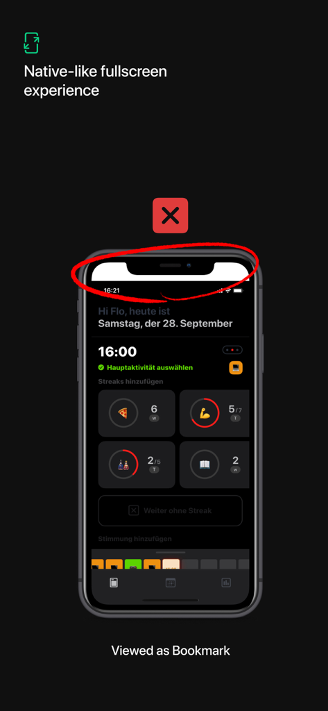 'Proto' for Figma - Proto for Figmaのスクリーンショット。モバイルプロトタイプのネイティブライクなフルスクリーン体験を表示。
