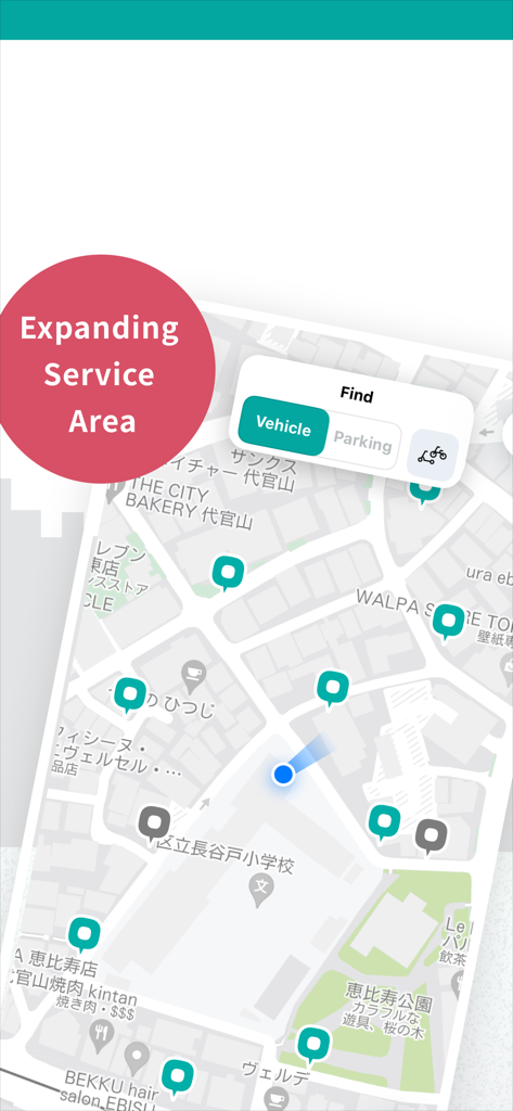 Map view of the LUUP app showing electric vehicle and parking locations in Japan