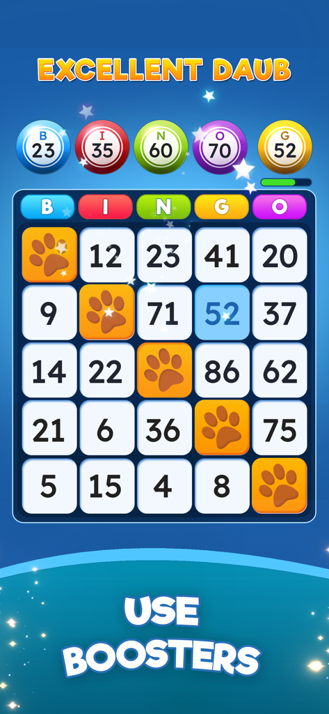 Pantalla de juego de Bingo Win Cash mostrando un cartón de bingo marcado y las instrucciones de los potenciadores.