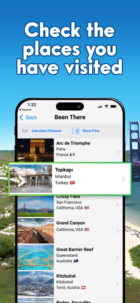 Pinpoint Where: Places to Know - Screenshot of the Been There screen in the Pinpoint Where app showing a list of visited global landmarks like Topkapi and the Arc de Triomphe.