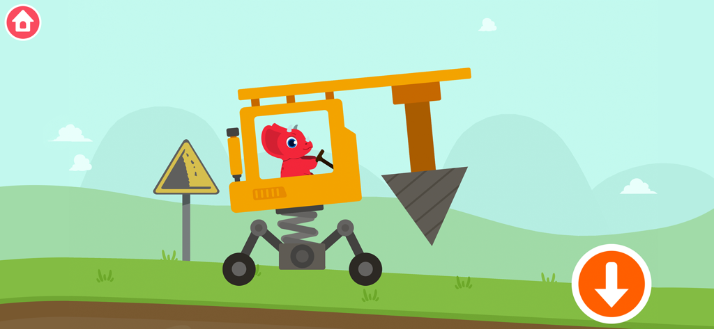 Un dinosauro rosso che guida un veicolo da cantiere per perforazione giallo