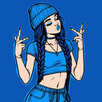 realistic teenage girl with braids and a beanie and crop top doing 🫶🏼