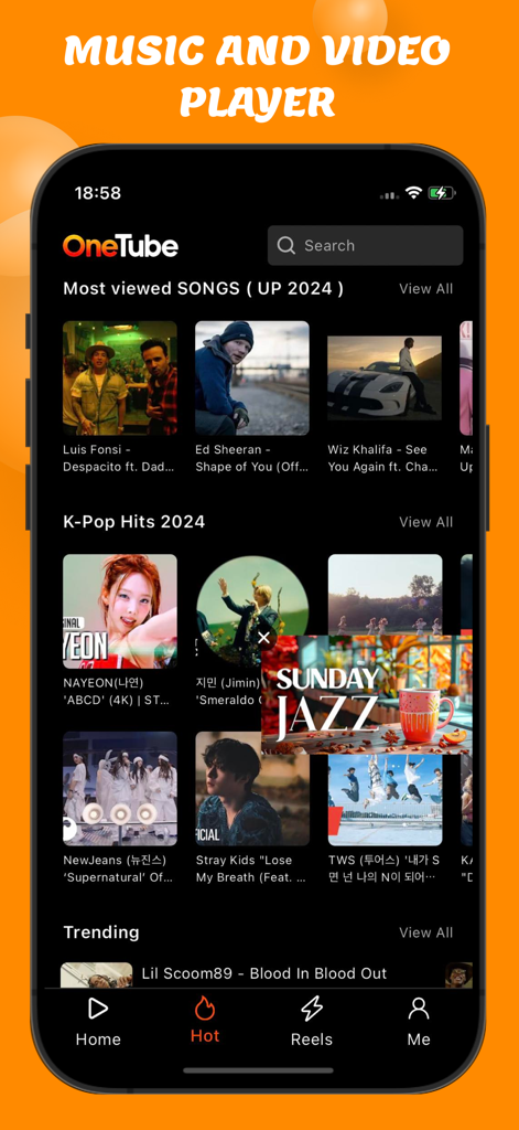 OneTube App-Oberfläche, die Musikkategorien und einen schwebenden Popup-Player für Multitasking zeigt