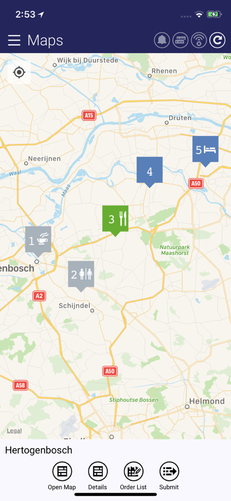 Map view in the Quintiq app displaying logistics route markers and service points