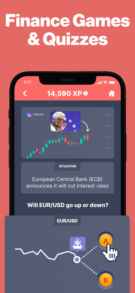 A mobile screen showing a gamified finance quiz on Forex Hero where users predict currency trends based on economic news.