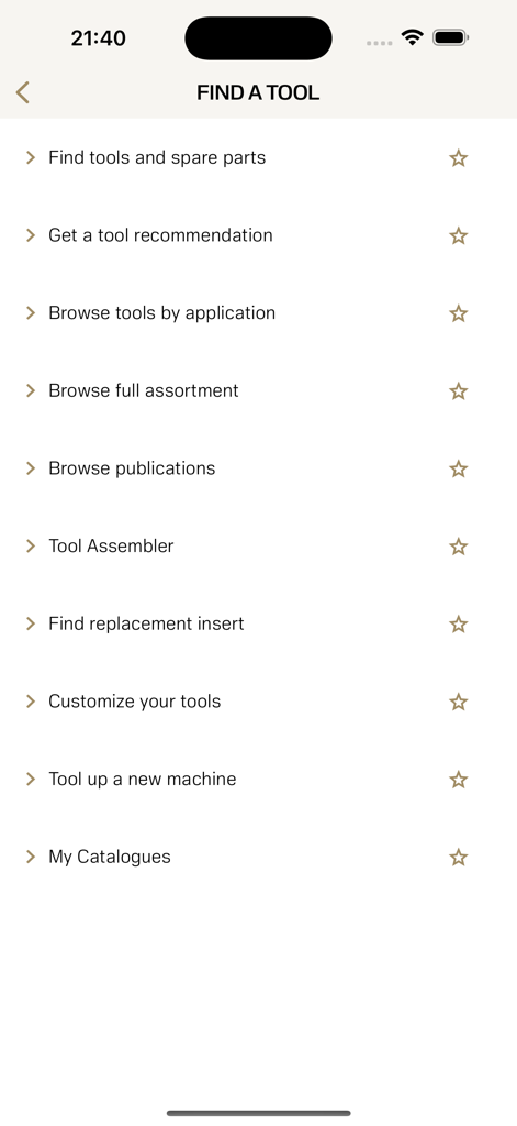 Ifind - Sandvik Coromant - Pantalla del menú de la aplicación Ifind de Sandvik Coromant que muestra la búsqueda de herramientas, recomendaciones y opciones de personalización para el mecanizado.