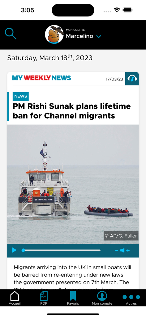 My Weekly News - Interface of the My Weekly News app showing a news article about UK migration with an integrated audio player for children learning English