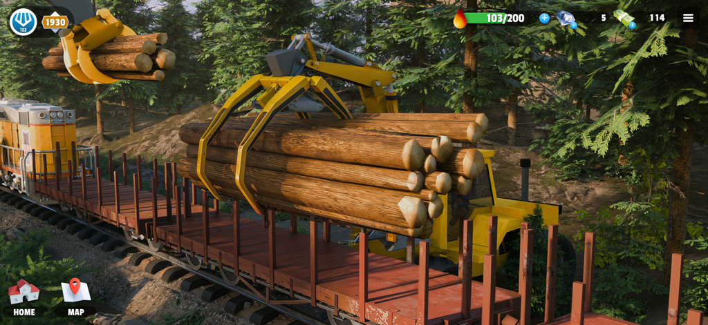 Train Station 3 - Un braccio meccanico giallo che carica tronchi su un treno merci in un'ambientazione forestale.
